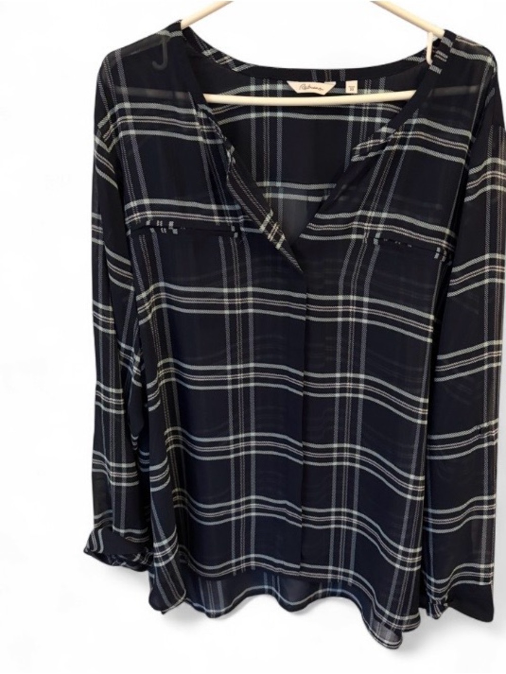 Reitmans Navy and White Plaid V-Neck Blouse